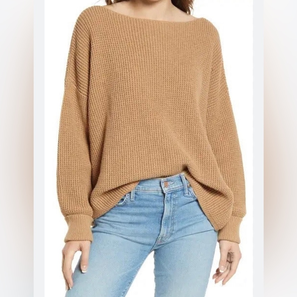 Camel French Connection Waffle Knit Roll Sleeve Oversized Sweater